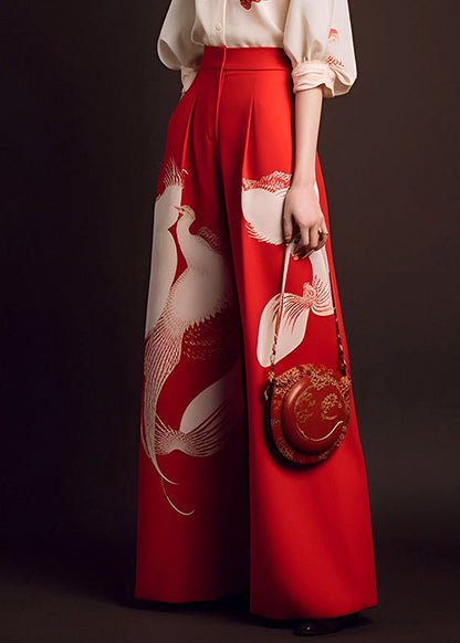 Beige Tops and Red Wide Leg Pants Chiffon Two Piece Set Fall