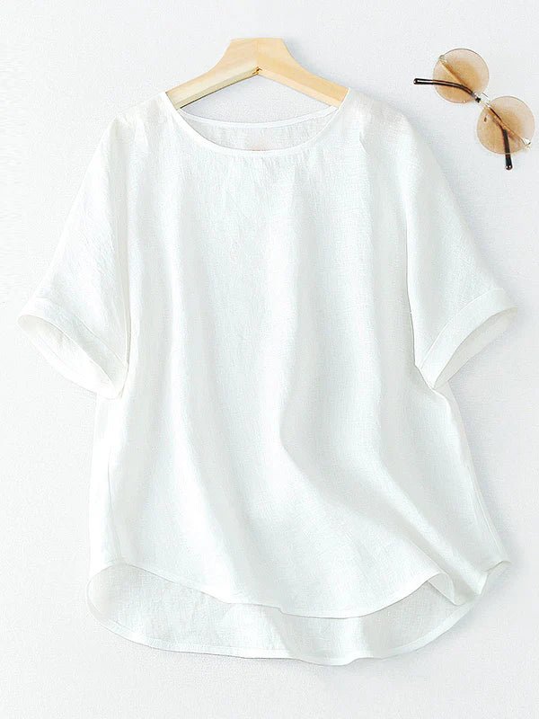 Pure Color Crew Neck Short Sleeve Linen Tee Top