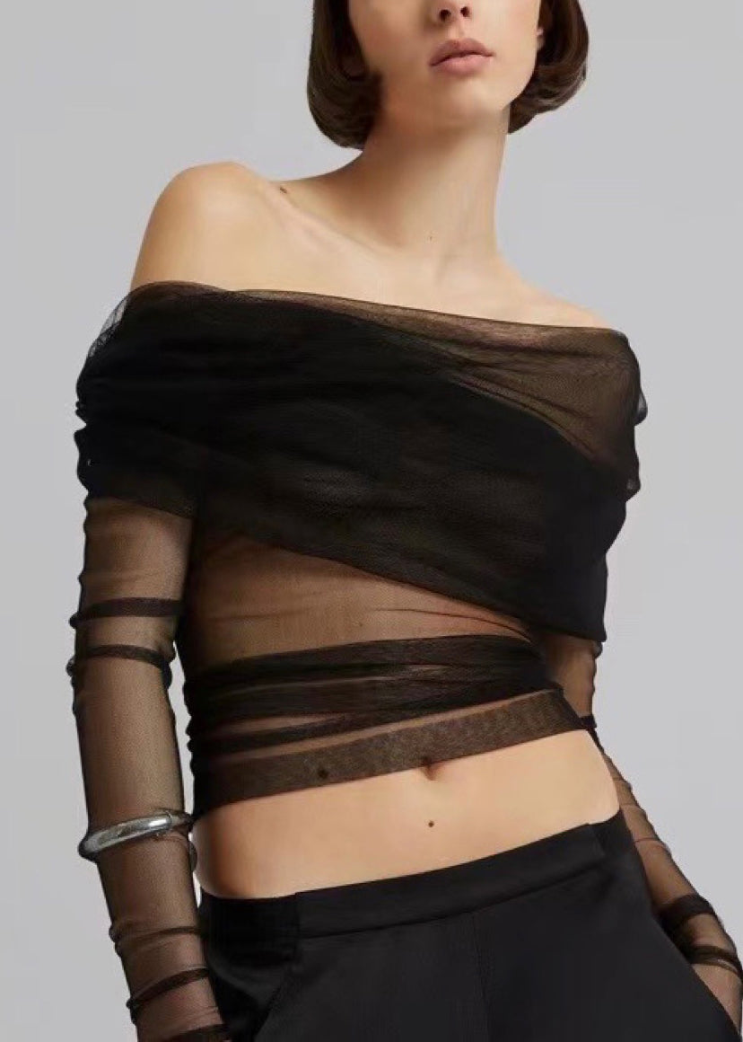 Black Slash Neck Pleated Tulle Long Sleeved Slim Fit T-shirt