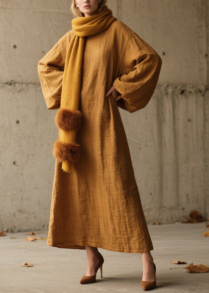 Simple Yellow O Neck Cotton Long Dress Lantern Sleeve